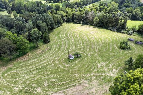 Aerial view of a mowed hayfield pattern on a farm near Elkwood, Culpeper County, Virginia