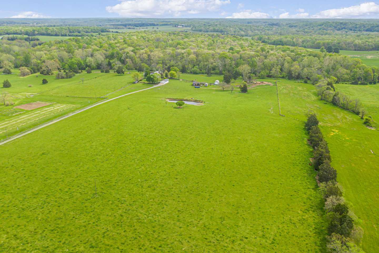Aerial view of wide open pasture on a farm near Elkwood, Culpeper County, Virginia