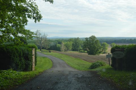 Gravel farm lane leading out to open fields on Farley Road, Culpeper County, Virginia